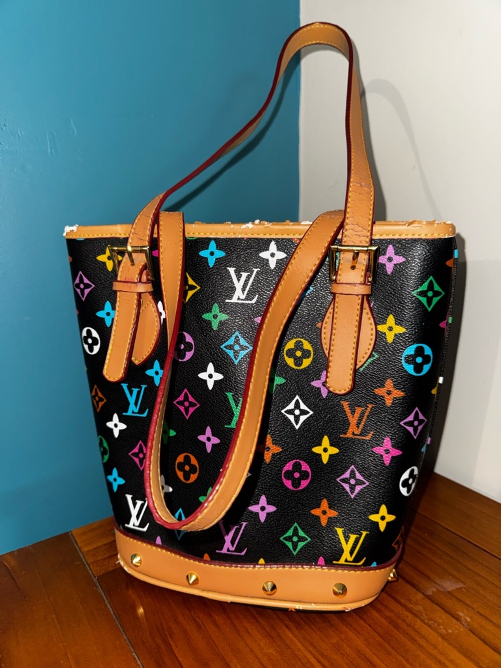 Louis Vuitton Black Multicolor Nano Noe Monogram Shoulder Bag with Tan Trim